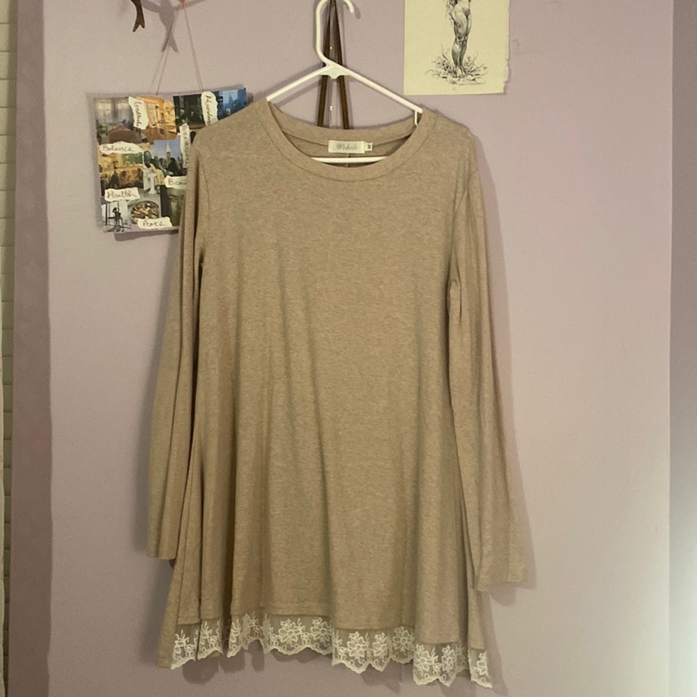 Fall beige sweater dress with lace trim